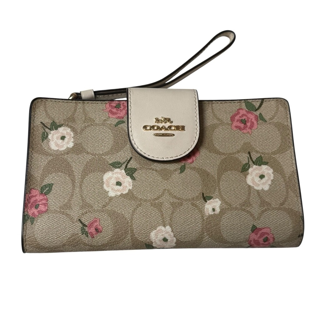 Coach Phone Wallet Khaki Chalk Multi Floral Print Card Holder Wristlet